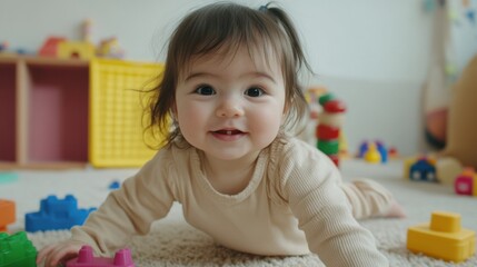 Fototapeta premium Happy baby playing with colorful building blocks on soft carpet indoors