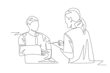 Nurse checks patient's health progress. Visiting nurse concept one-line drawing
