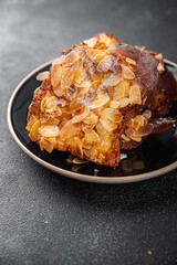 Brioche sweet almond french toast fresh tasty food dish delicious gourmet food background on the table rustic food top view copy space