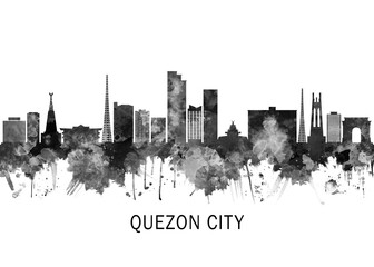 Obraz premium Quezon City Philippines Skyline BW, cityscape landscape watercolor painting print poster abstract splash illustration urban art modern downtown landmarks skyscrapers