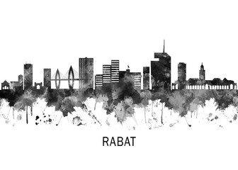 Obraz premium Rabat Morocco Skyline BW, cityscape landscape watercolor painting print poster abstract splash illustration urban art modern downtown landmarks skyscrapers