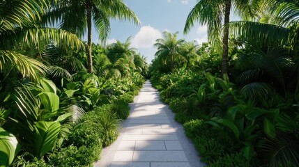 Fototapeta premium Lush Tropical Pathway Surrounded by Green Foliage Under Clear Blue Sky