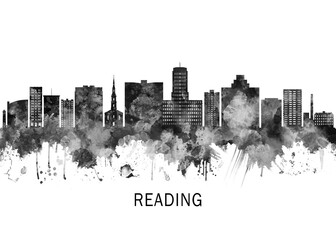 Obraz premium Reading Pennsylvania Skyline BW, cityscape landscape watercolor painting print poster abstract splash illustration urban art modern downtown landmarks skyscrapers