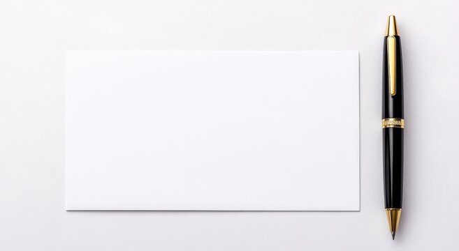 Photo of a pen and blank paper posisi in middle on a drak grey background, top view for a greting card banner template. 
