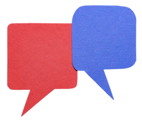 Red blue blank cut out cardboard paper speech bubbles with rough edges round corners and copy space for text on transparent png background design element
