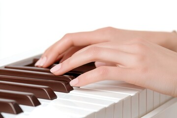 Obraz premium Close-up of female hands playing a melody on a piano keyboard, showcasing musical talent and passion