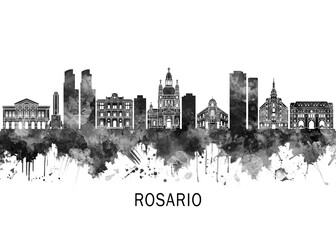 Obraz premium Rosario Argentina Skyline BW, cityscape landscape watercolor painting print poster abstract splash illustration urban art modern downtown landmarks skyscrapers