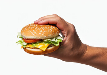 hand holding hamburger on white background
