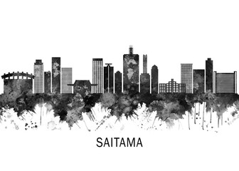 Fototapeta premium Saitama Japan Skyline BW, cityscape landscape watercolor painting print poster abstract splash illustration urban art modern downtown landmarks skyscrapers