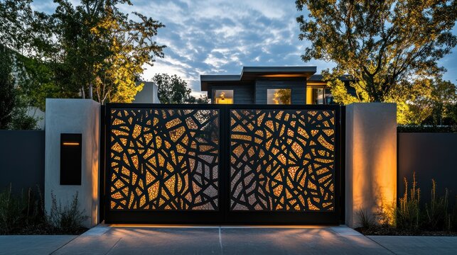Contemporary gate with geometric laser-cut panels and LED backlighting for a dramatic entry statement