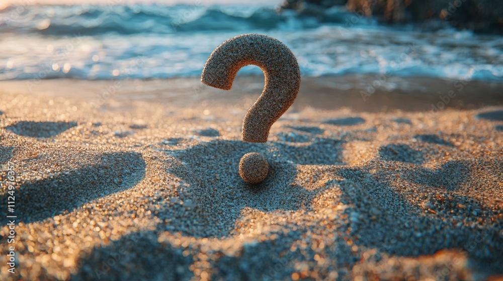 Poster on a serene beach at sunset, a question mark made of sand captures curiosity. the gentle waves lap a