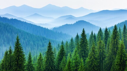 Fototapeta premium Serene Misty Mountains Overlooking Dense Evergreen Forest in Calm Nature Landscape