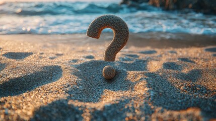 On a serene beach at sunset, a question mark made of sand captures curiosity. The gentle waves lap at the shore, while soft shadows play in the golden sand, creating a contemplative atmosphere