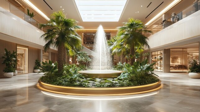 The mall is spacious and elegant with an open design, featuring a central fountain surrounded by indoor plants, background wallpaper AI generated image