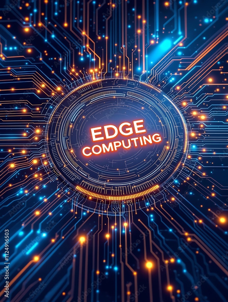Poster edge computing concept on motherboard illustrating advanced data processing at network periphery for