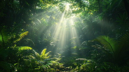Obraz premium Nature background featuring a lush rainforest with sunlight breaking through the canopy