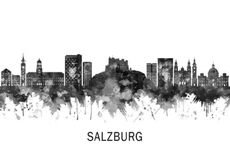 Obraz premium Salzburg Austria Skyline BW, cityscape landscape watercolor painting print poster abstract splash illustration urban art modern downtown landmarks skyscrapers