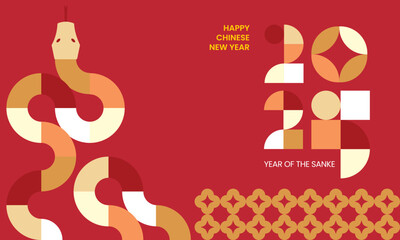 2025 Chinese new year modern art background, year of the snake banner template design with modern geometric style snakes on colourful, red background. Chinese zodiac Snake symbol
