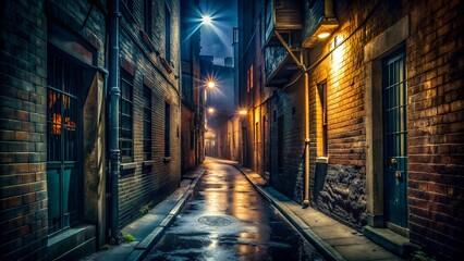 Obraz premium Mysterious and atmospheric urban alleyway scene at night with glowing street lamps