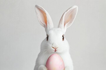 Obraz premium Cute easter bunny holding a decorated pink egg, perfect for easter themed projects