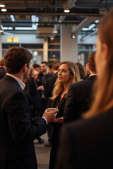 A businesswoman chatting with colleagues at a networking event