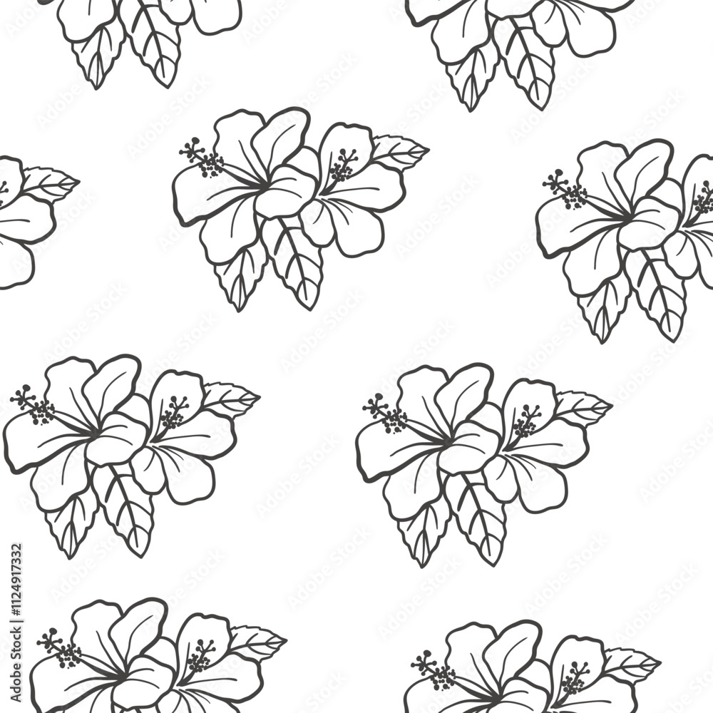 Poster Tropical seamless pattern with hibiscus flowers. Hand drawn black and white botanical design for textile, fabric, wallpaper, background design, wrapping paper