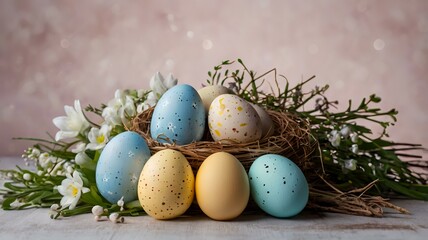 Fototapeta premium easter decoration background with copy space for business, greeting card, banner, flyer