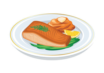 Seared salmon and mashed sweet potatoes vector illustration. Grilled salmon steak meat with vegetable garnish icon vector isolated on a white background. Fish steak on a plate drawing