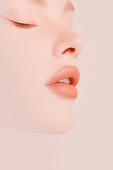 Close-up minimalist portrait of a woman's face with soft peach tones, smooth skin, and delicate features, elegant beauty photography style