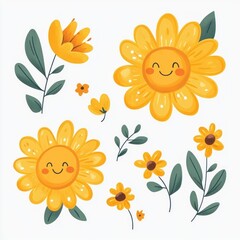 Smiling yellow flowers, green leaves, floral design.