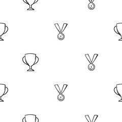 Simple black and white seamless pattern with sports cups and medals. Vector background with sports and sports equipment for decoration, wrapping paper, print
