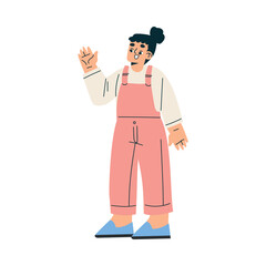 Girl Schoolkid Character Standing and Waving Hand Greeting Vector Illustration