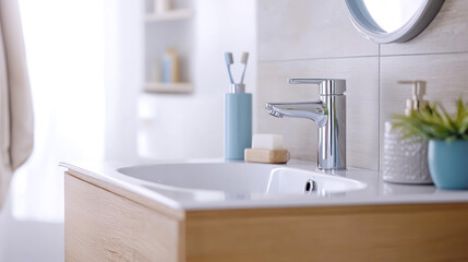 Fototapeta premium Modern minimalist faucet in small bathroom with brown accent