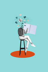 Vertical creative art collage of headless anonym girl point notepad letters brainstorm planner...