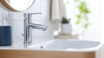 Modern minimalist faucet in small bathroom with brown accent