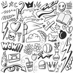 Hand drawn doodle,simple line art containing random popular object like book, ball, vas etc suitable for poster, flyer, clothing patter, and many more