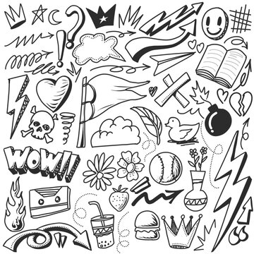 Hand drawn doodle,simple line art containing random popular object like book, ball, vas etc suitable for poster, flyer, clothing patter, and many more