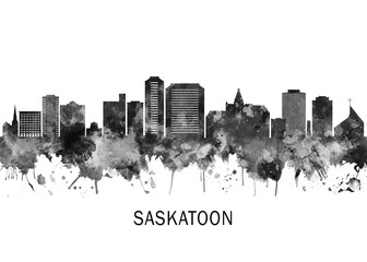 Obraz premium Saskatoon Canada Skyline BW, cityscape landscape watercolor painting print poster abstract splash illustration urban art modern downtown landmarks skyscrapers