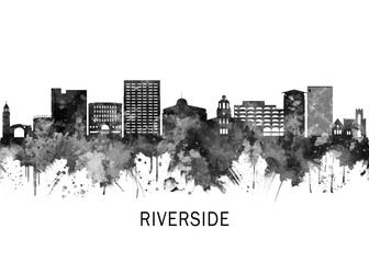 Obraz premium Riverside California Skyline BW, cityscape landscape watercolor painting print poster abstract splash illustration urban art modern downtown landmarks skyscrapers