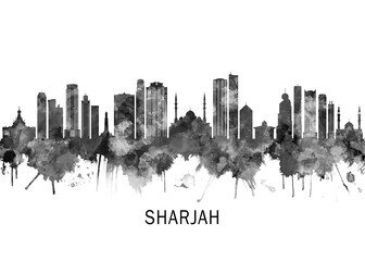 Obraz premium Sharjah Skyline BW, cityscape landscape watercolor painting print poster abstract splash illustration urban art modern downtown landmarks skyscrapers