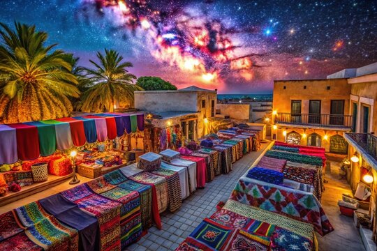 Captivating Night Photography of Cancun's Vibrant 'Etalage de Panchos' Showcasing Colorful Textiles and Intricate Designs Under Starry Skies for a Magical Experience