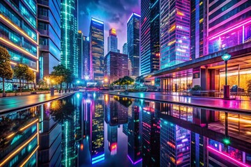 Obraz premium Captivating Night Photography of Digital Neon Graphics Illuminating Urban Landscapes with Vibrant Colors and Creative Light Displays for a Futuristic Aesthetic