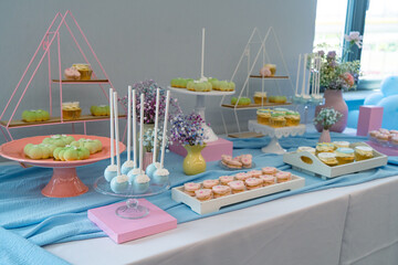 Candy bar with sweets and cupcakes on a buffet table.