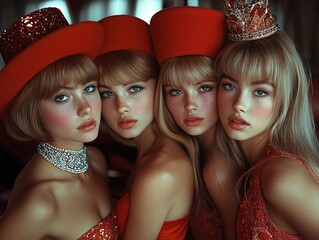 group of four beautiful young women on a party, stewardesses on a new years eve party maybe, generative ai 