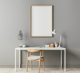 Minimalist home office workspace with a desk. chair. lamp. and a framed mockup poster on the wall