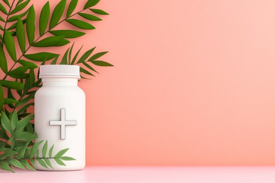 A simple design of a medicine bottle with a bold cross symbol, drawn in clean lines and pastel tones