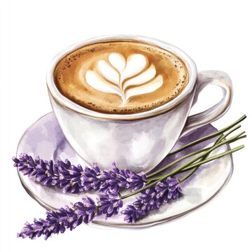 Cappuccino, latte art, lavender, saucer, watercolor.