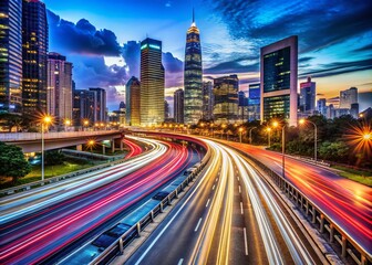 Fototapeta premium Captivating Night Photography of Highway City Traffic with Illuminated Skyscrapers and Vibrant Light Trails, Showcasing Urban Life and Motion in a Dynamic Cityscape