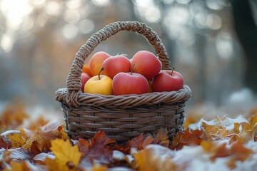 A woven basket filled with red and yellow apples, surrounded by autumn leaves.