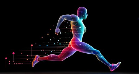 Fototapeta premium illustration of a wave of data points shaping into a runner's silhouette, conveying speed and precision guided by AI